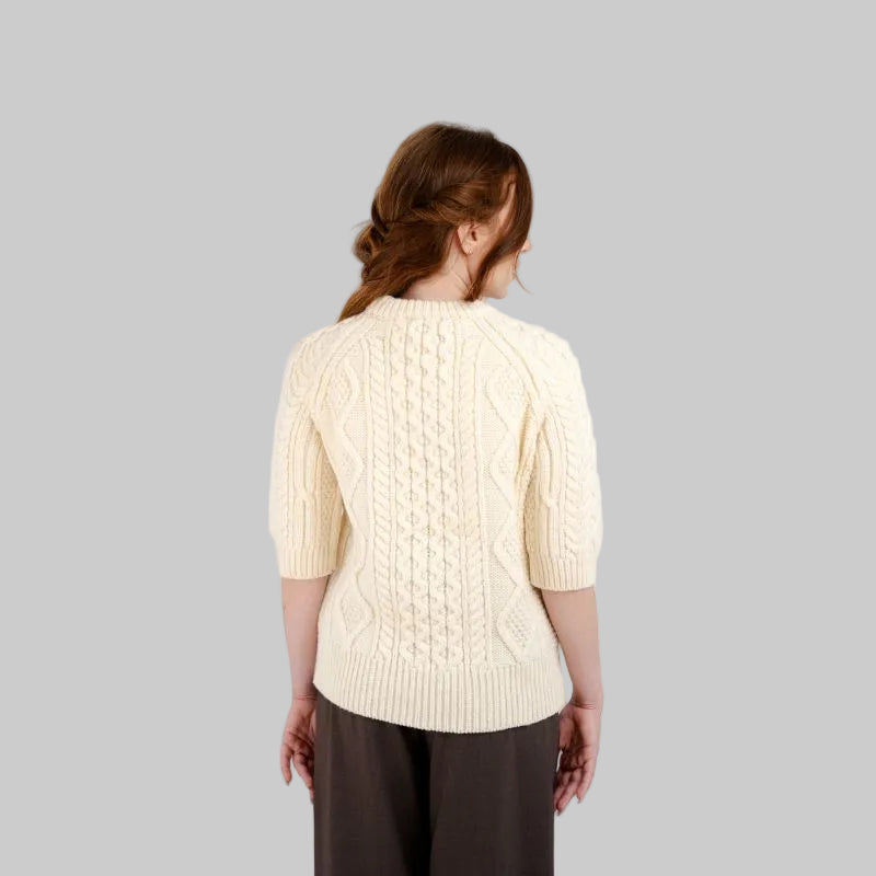 Women's Aran Sweater with Short Sleeves White Back View Creative Irish Gift.