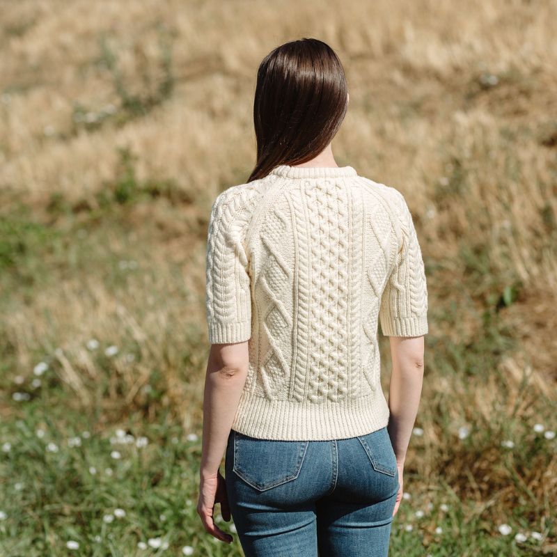 Women's Aran Sweater with Short Sleeves White Back View Creative Irish Gift.