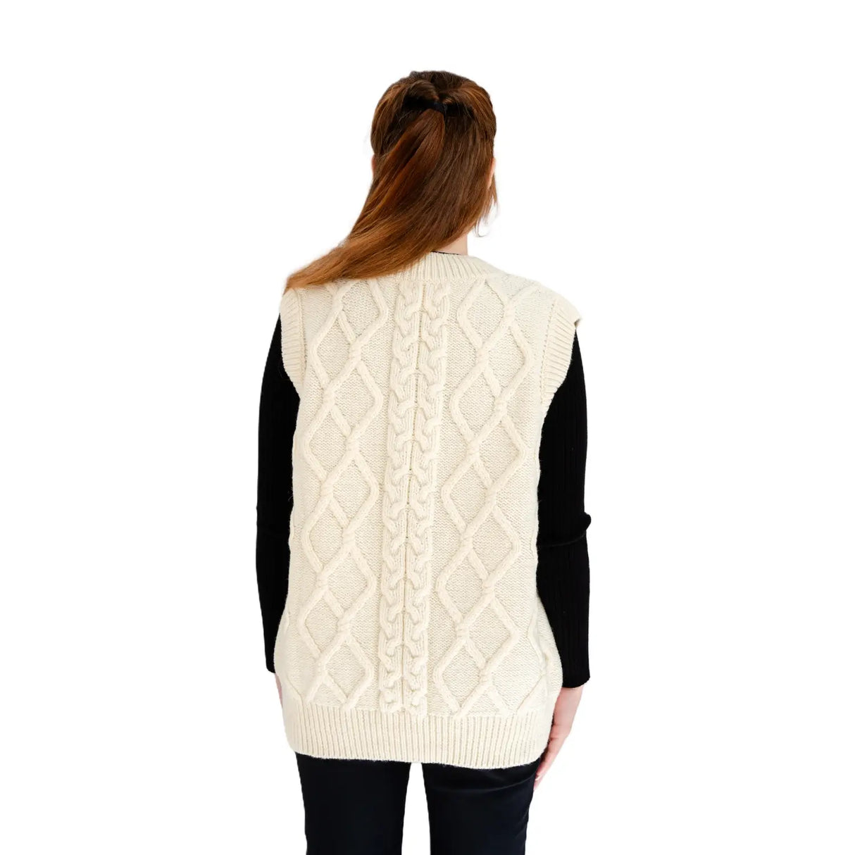 ML153-100 Women's V-Neck Aran Cable Vest, Natural Back View Creative Irish Gifts