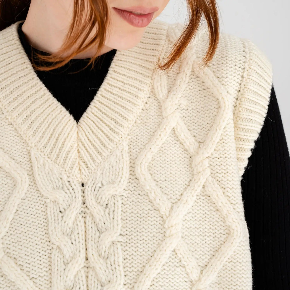 ML153-100 Women's V-Neck Aran Cable Vest, Natural Close Up Creative Irish Gifts