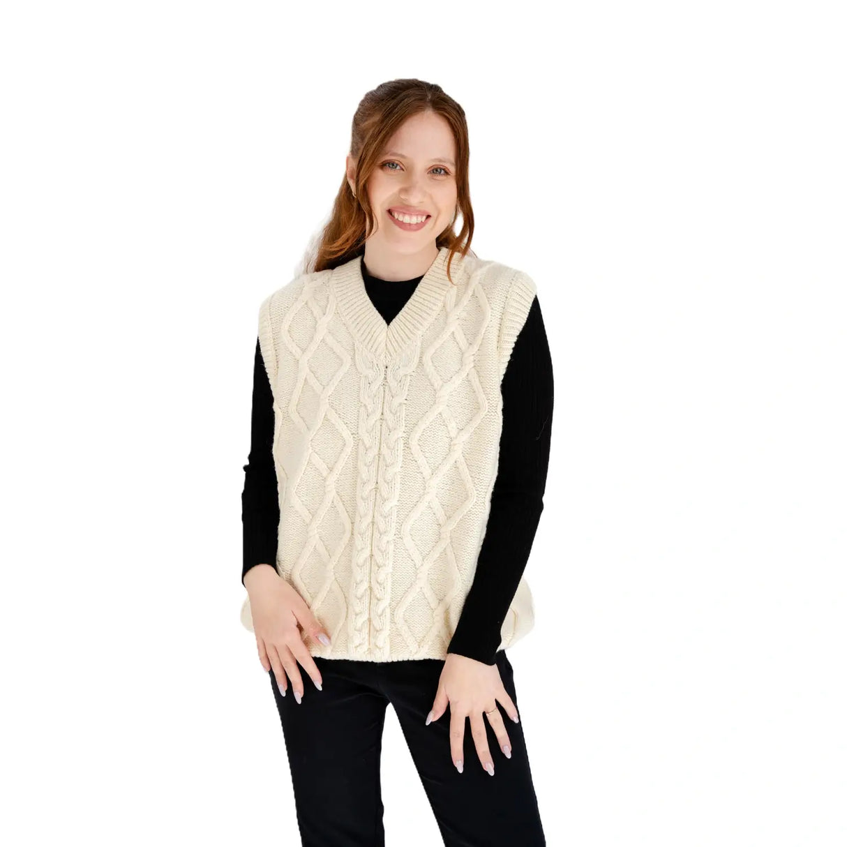 ML153-100 Women's V-Neck Aran Cable Vest, Natural Creative Irish Gifts