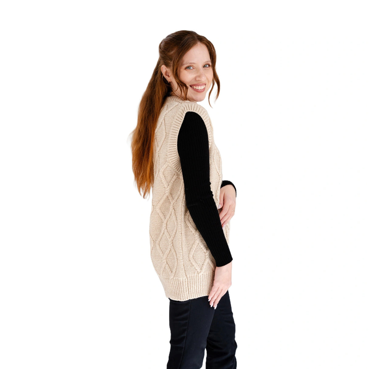 ML153-109 Women's V-Neck Aran Cable Vest, Parsnip Side View Creative Irish Gifts