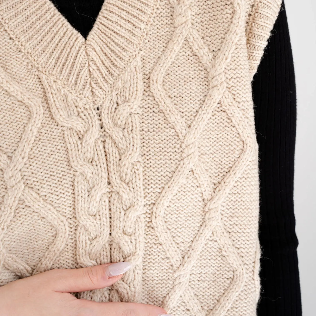 ML153-109 Women's V-Neck Aran Cable Vest, Parsnip Close Up Creative Irish Gifts