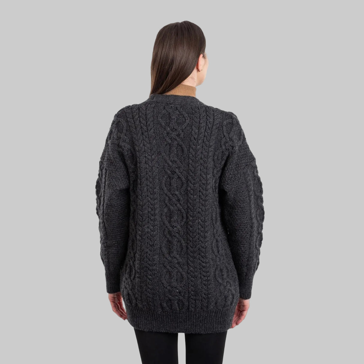 ML156-101 Ladies Merino Wool Irish V-Neck Cardigan, Charcoal Back Creative Irish gift