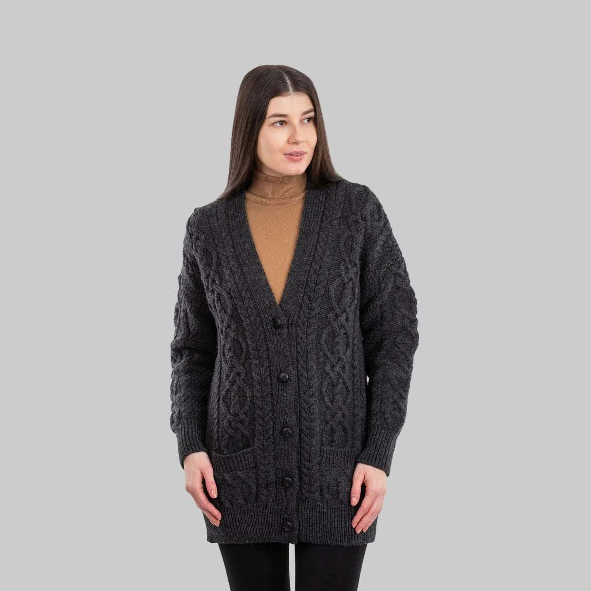 ML156-101 Ladies Merino Wool Irish V-Neck Cardigan, Charcoal Creative Irish gift.