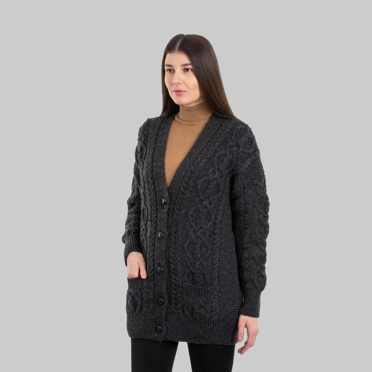 ML156-101 Ladies Merino Wool Irish V-Neck Cardigan, Charcoal Creative Irish gift.com