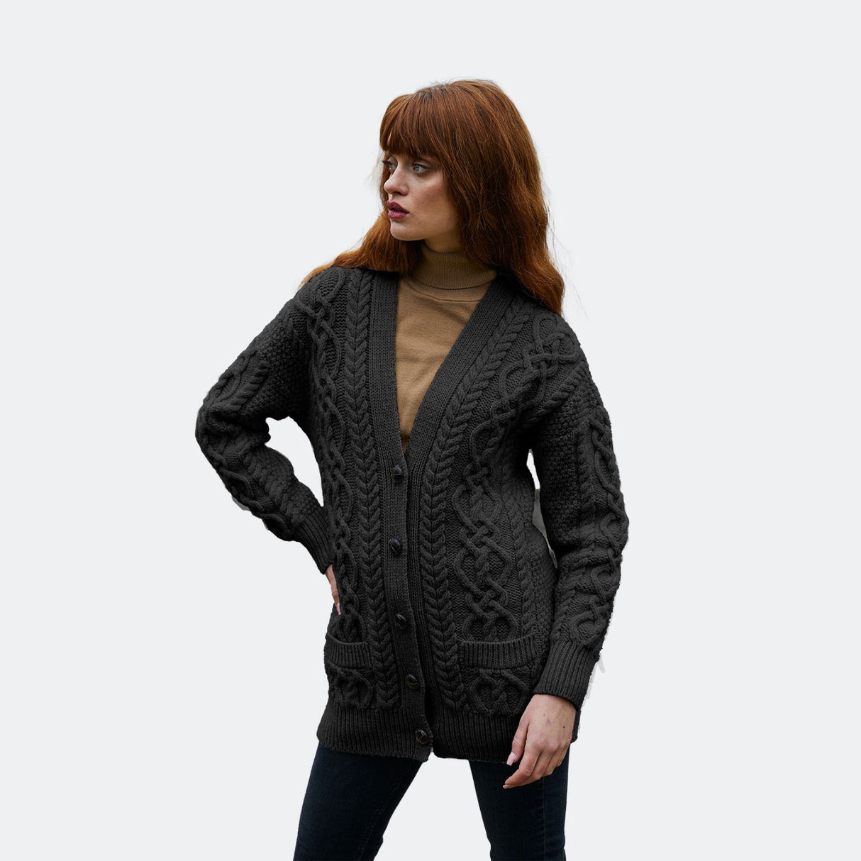 ML156-101 Ladies Merino Wool Irish V-Neck Cardigan, Charcoal Creative Irish gift