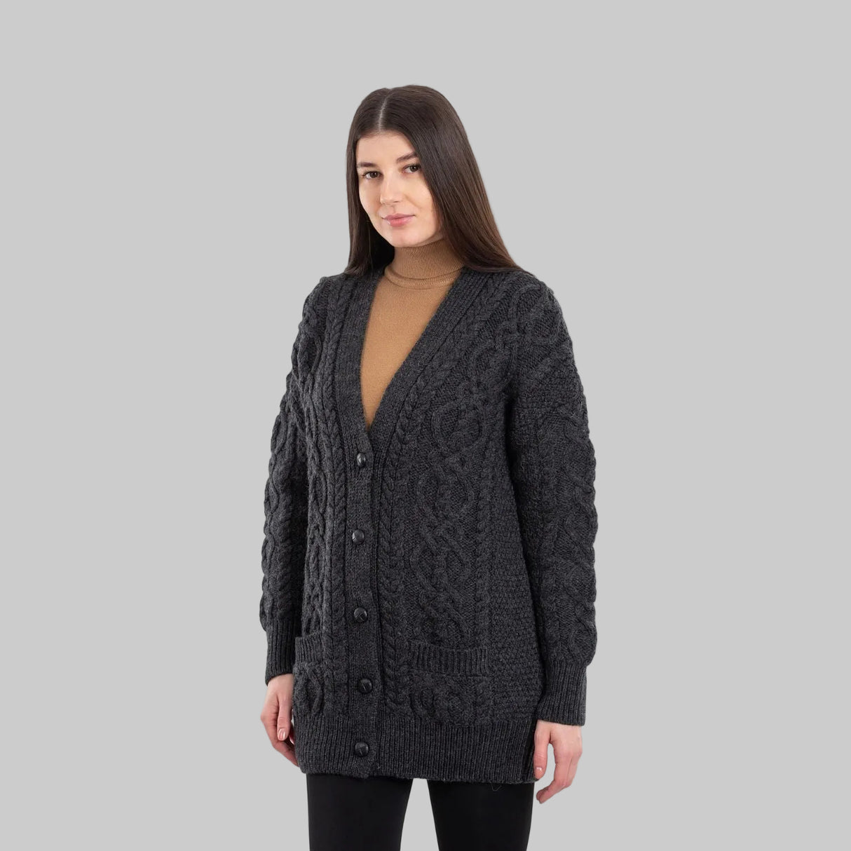 ML156-101 Ladies Merino Wool Irish V-Neck Cardigan, Charcoal Side Creative Irish gift