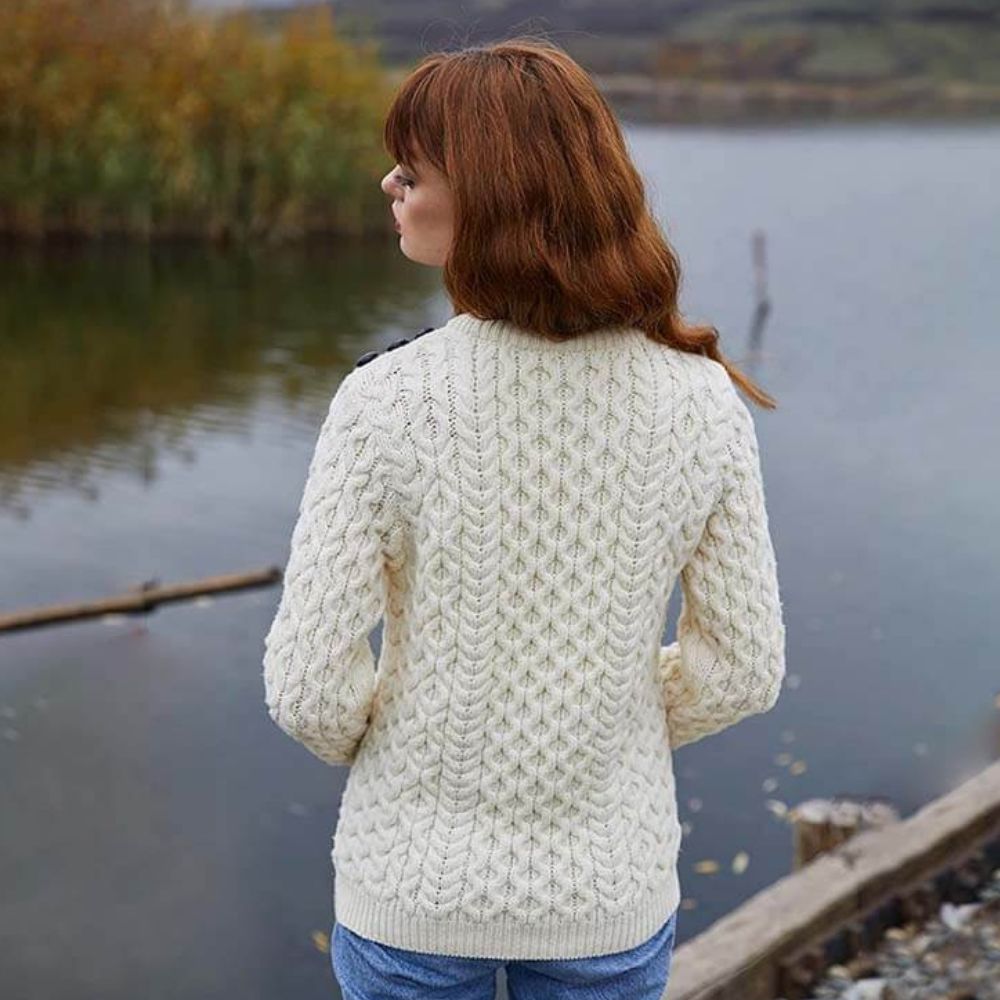 Women's Aran Honeycomb Stitch Sweater White Back View Creative Irish Gifts