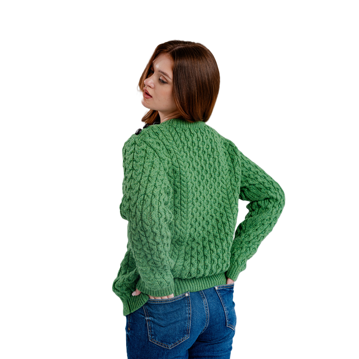 ML157-105 Women's Honeycomb Stitch Aran Sweater, Green Back View Creative Irish Gifts