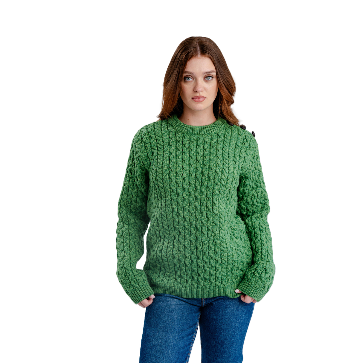 ML157-105 Women's Honeycomb Stitch Aran Sweater, Green Creative Irish Gifts