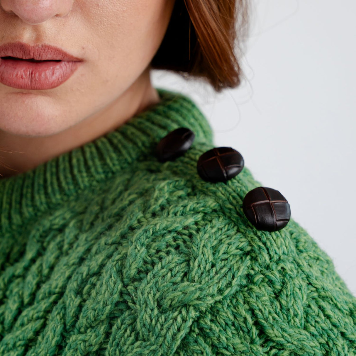 ML157-105 Women's Honeycomb Stitch Aran Sweater, Green Buttons Close Up Creative Irish Gifts