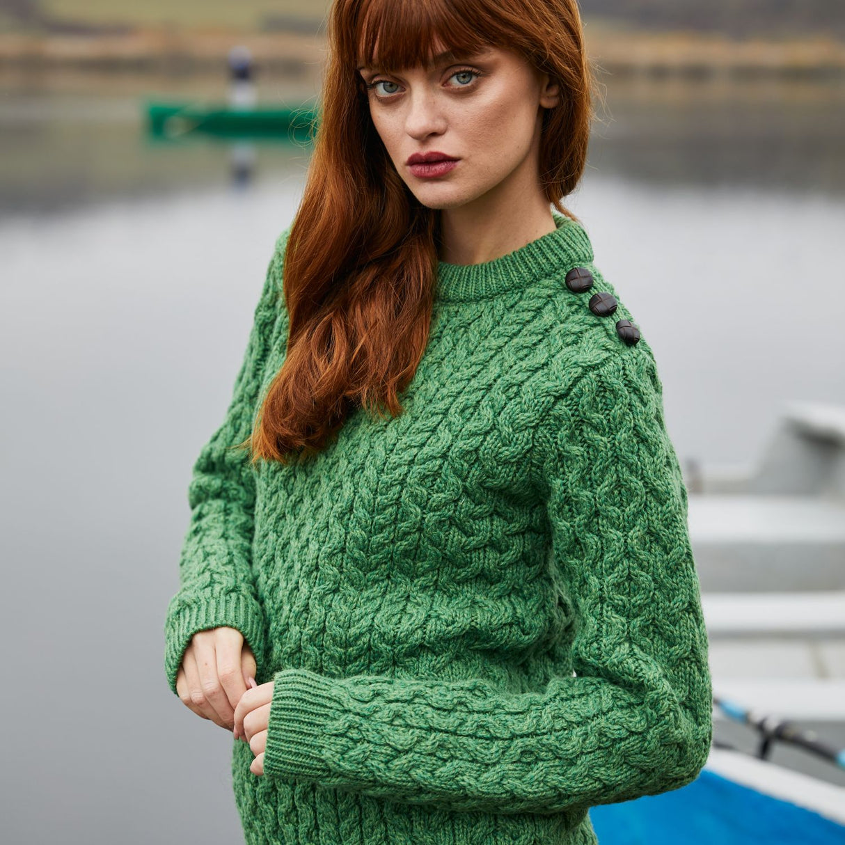 ML157-105 Women's Honeycomb Stitch Aran Sweater, Green Creative Irish Gifts