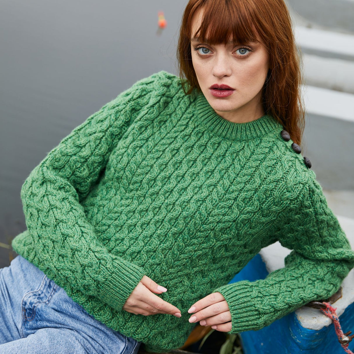 ML157-105 Women's Honeycomb Stitch Aran Sweater, Green Creative Irish Gifts