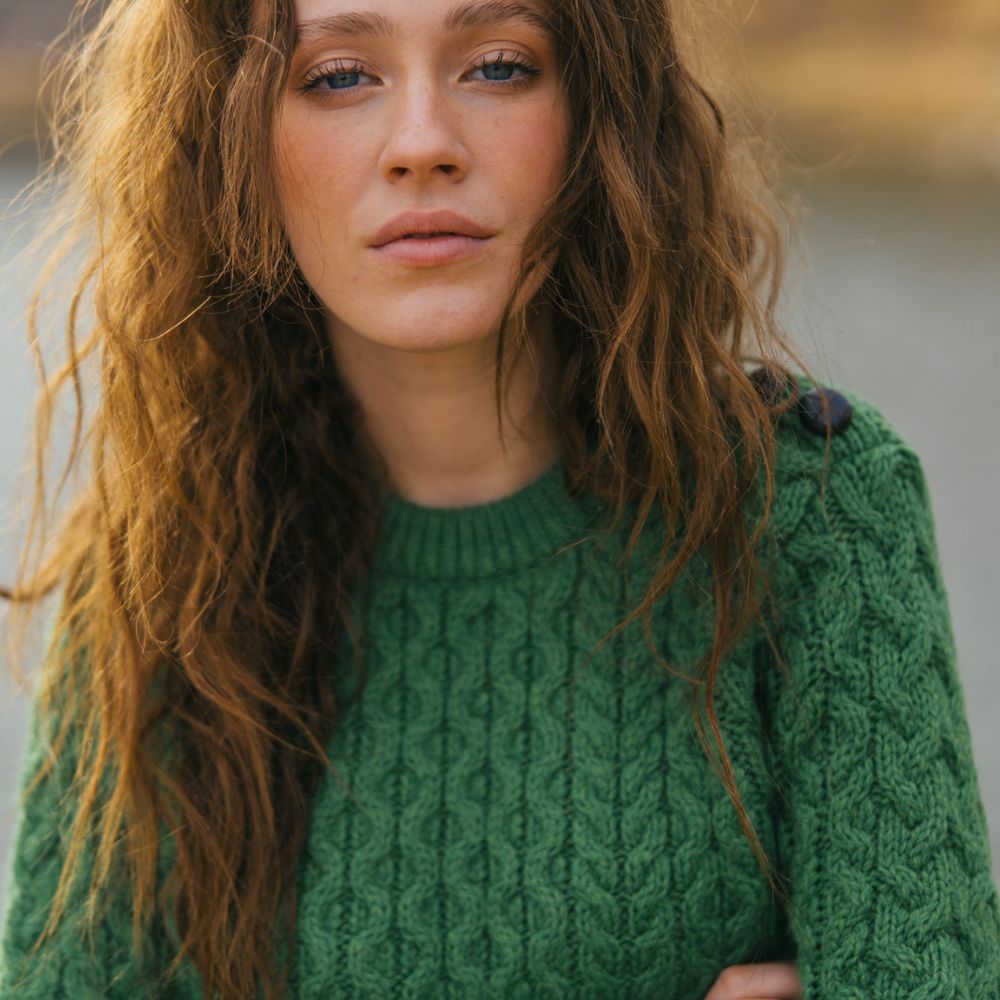 Women's Aran Honeycomb Stitch Sweater Green Lifestyle Creative Irish Gifts