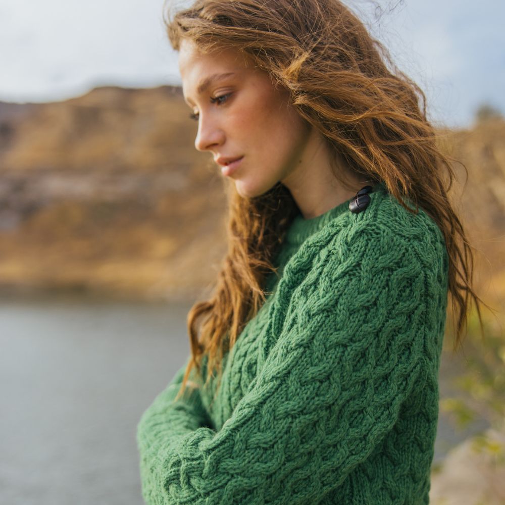 Women's Aran Honeycomb Stitch Sweater Green Side View Creative Irish Gifts