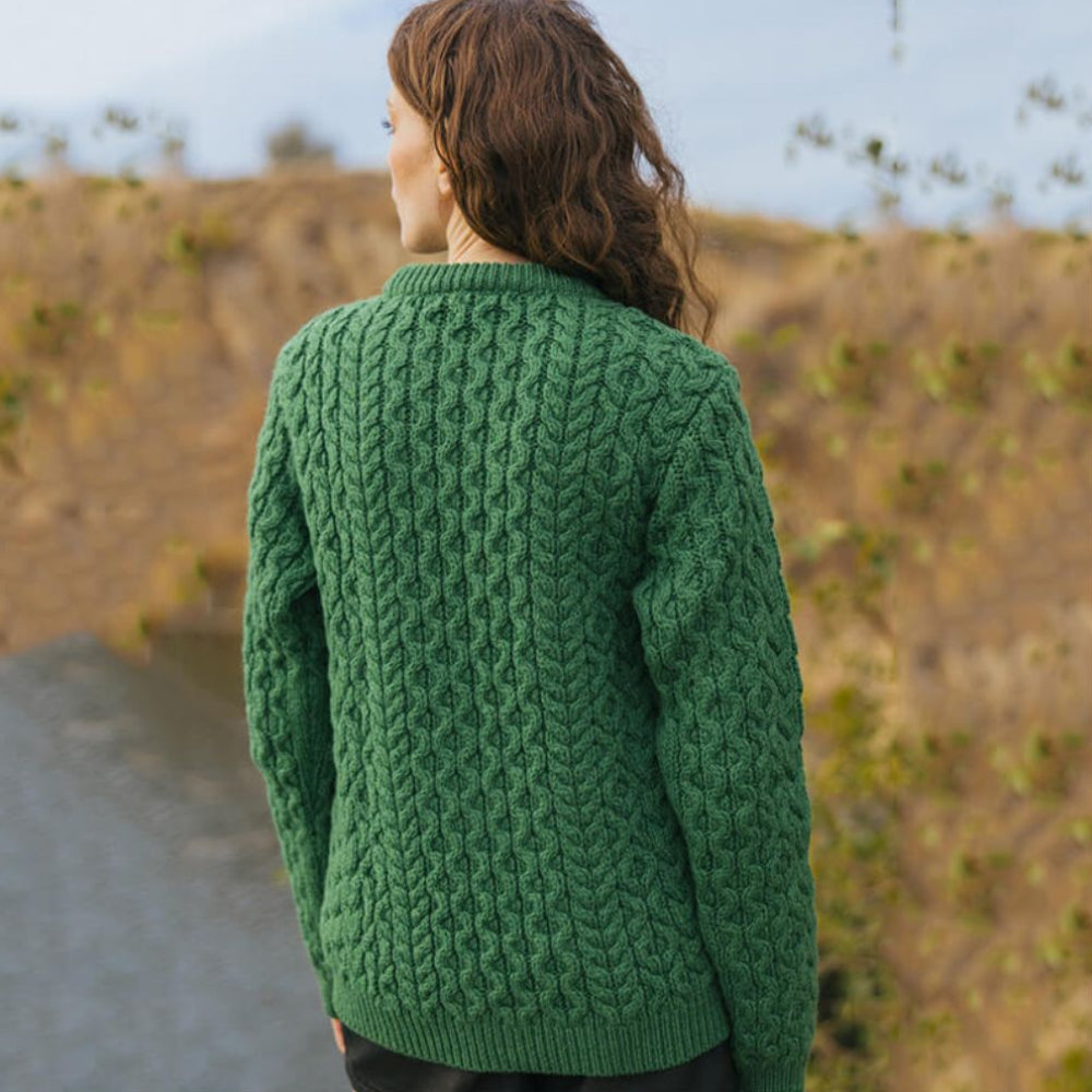 Women's Aran Honeycomb Stitch Sweater Green Lifestyle Back View Creative Irish Gifts