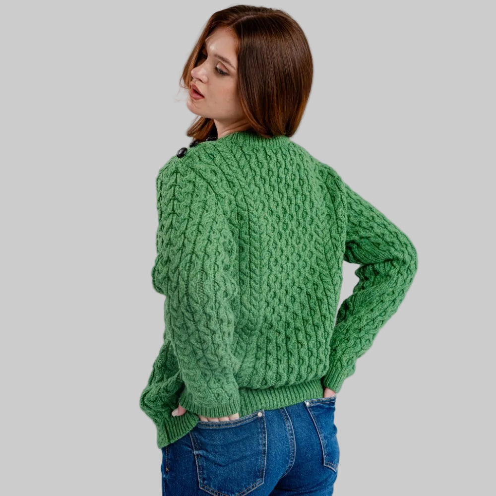 Women's Aran Honeycomb Stitch Sweater Green Back View Creative Irish Gifts