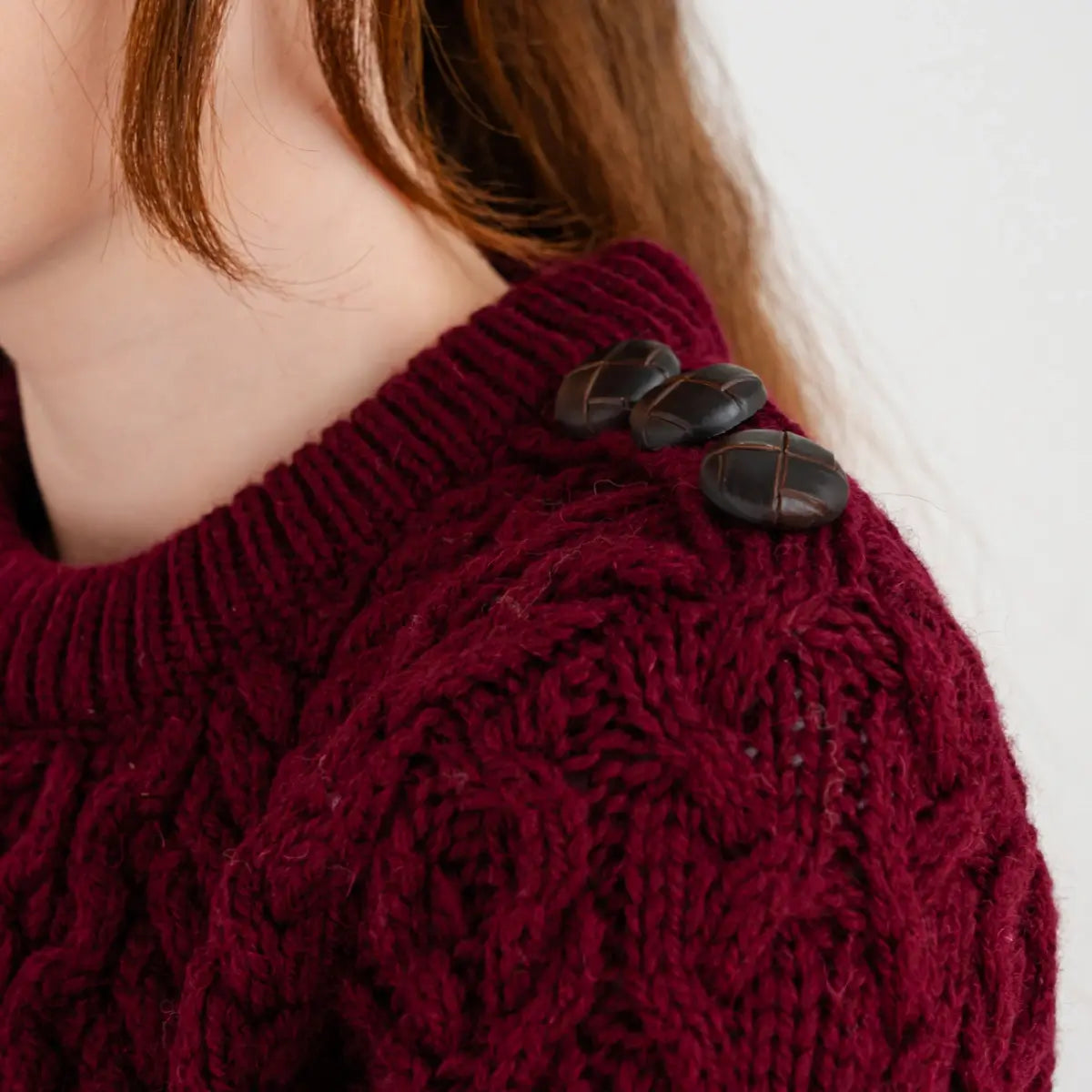 ML157-108 Women's Honeycomb Stitch Aran Sweater, Wine Close Up Creative Irish Gifts
