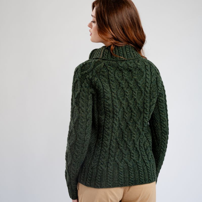 Women's Zipper Neck Aran Knit Sweater, Green Back View Creative Irish Gifts