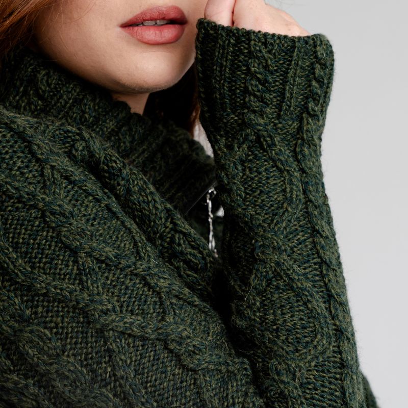 Women's Zipper Neck Aran Knit Sweater, Green Creative Irish Gifts