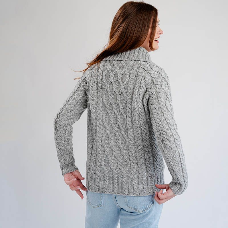 Women's Zipper Neck Aran Knit Sweater, Grey Back View Creative Irish Gifts