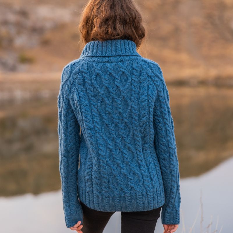 Women's Zipper Neck Aran Knit Sweater, Blue Back View Creative Irish Gifts