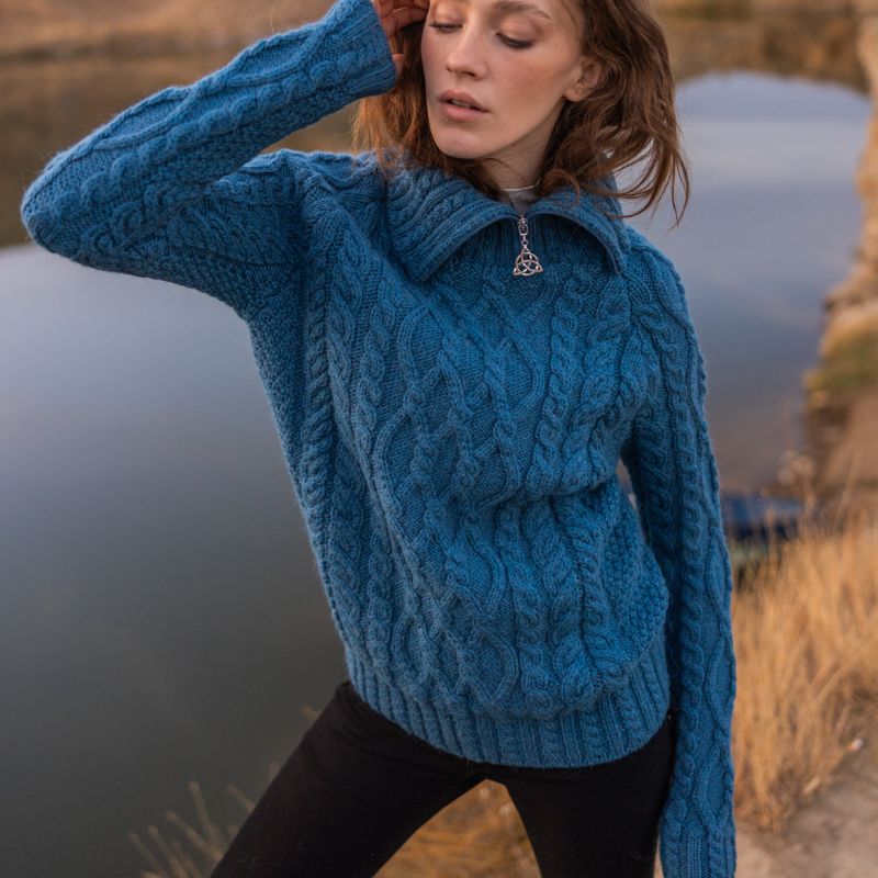 Women's Zipper Neck Aran Knit Sweater, Blue Creative Irish Gifts