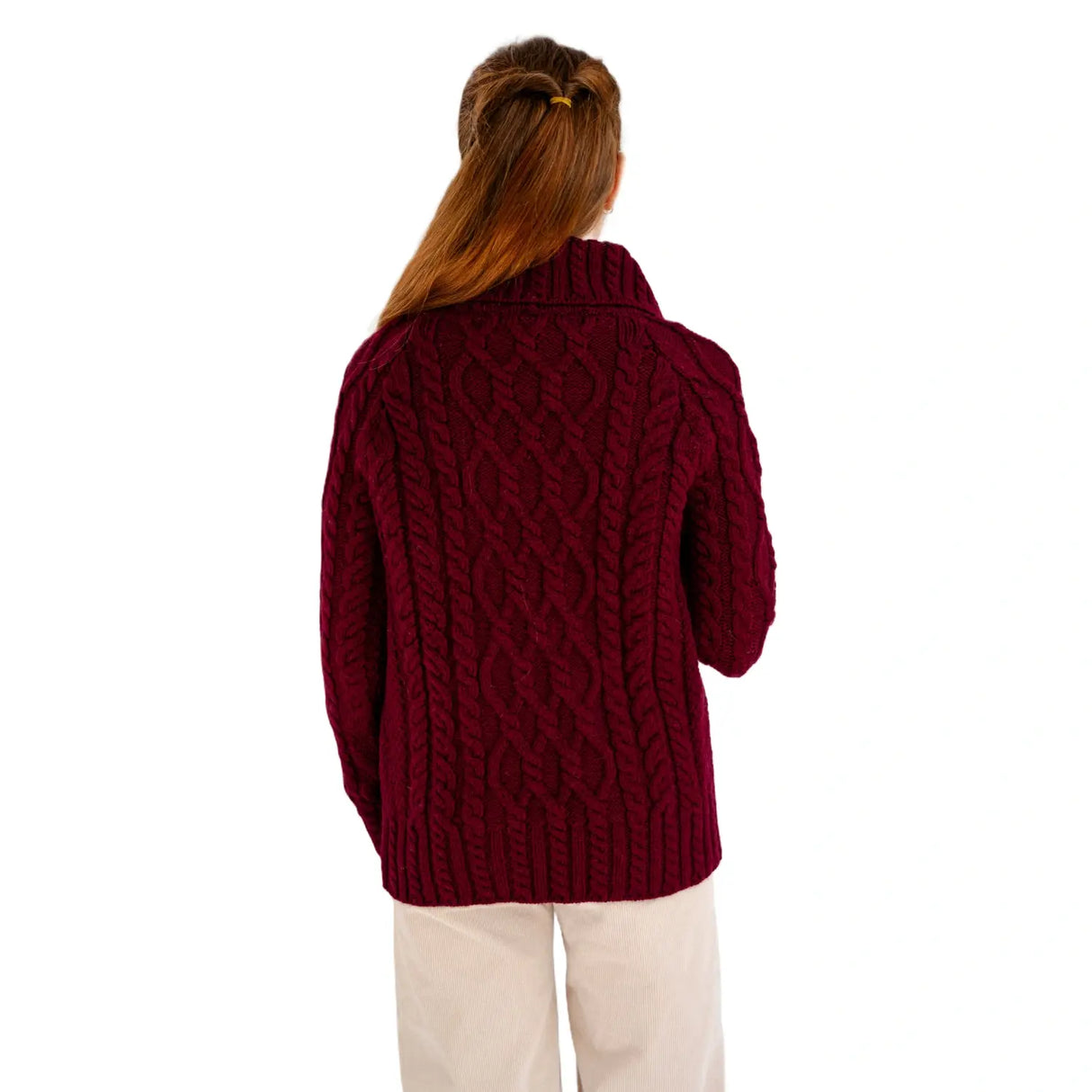 ML160-108 Women's Zipper Neck Aran Knit Sweater, Wine Back View Creative Irish Gifts