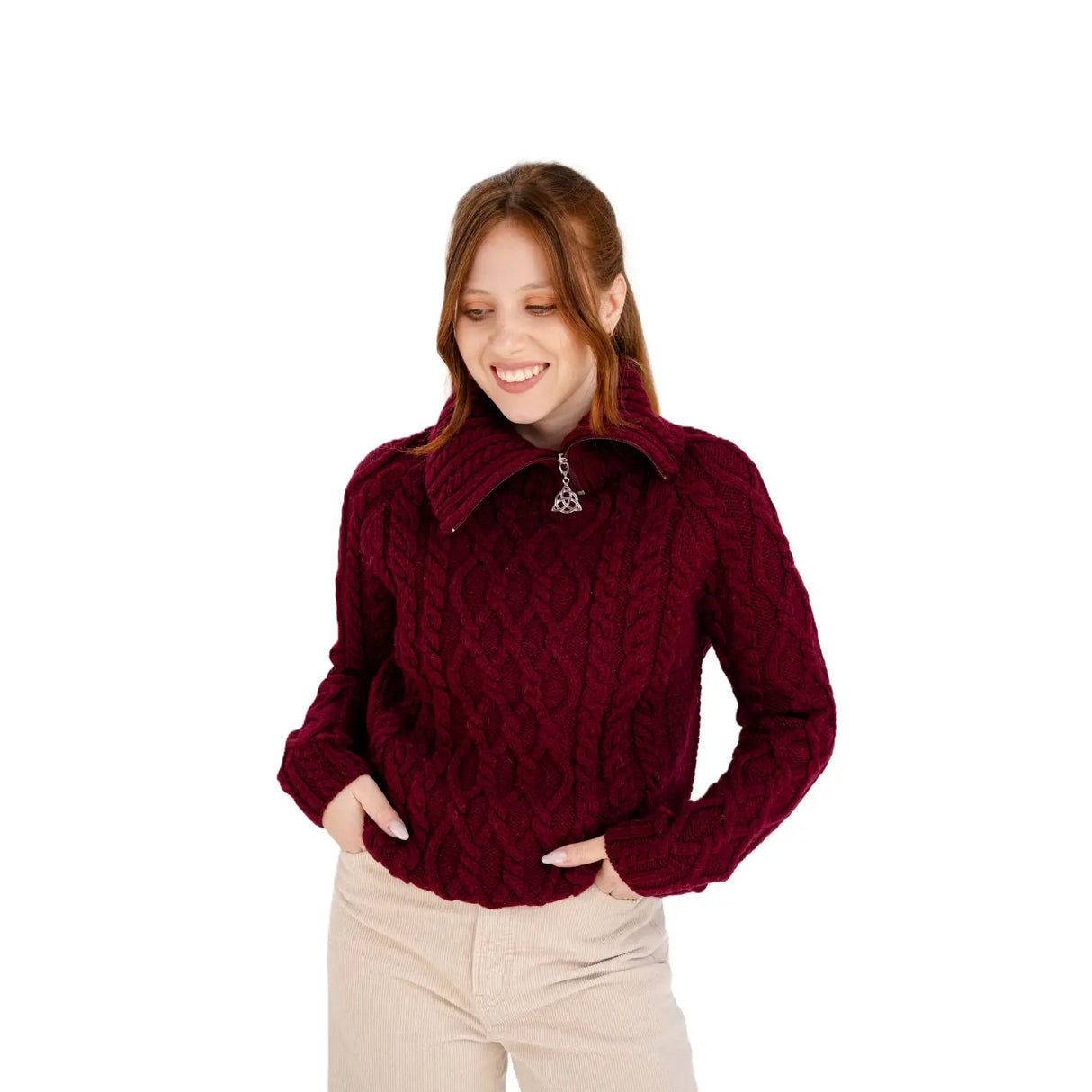 ML160-108 Women's Zipper Neck Aran Knit Sweater, Wine Creative Irish Gifts