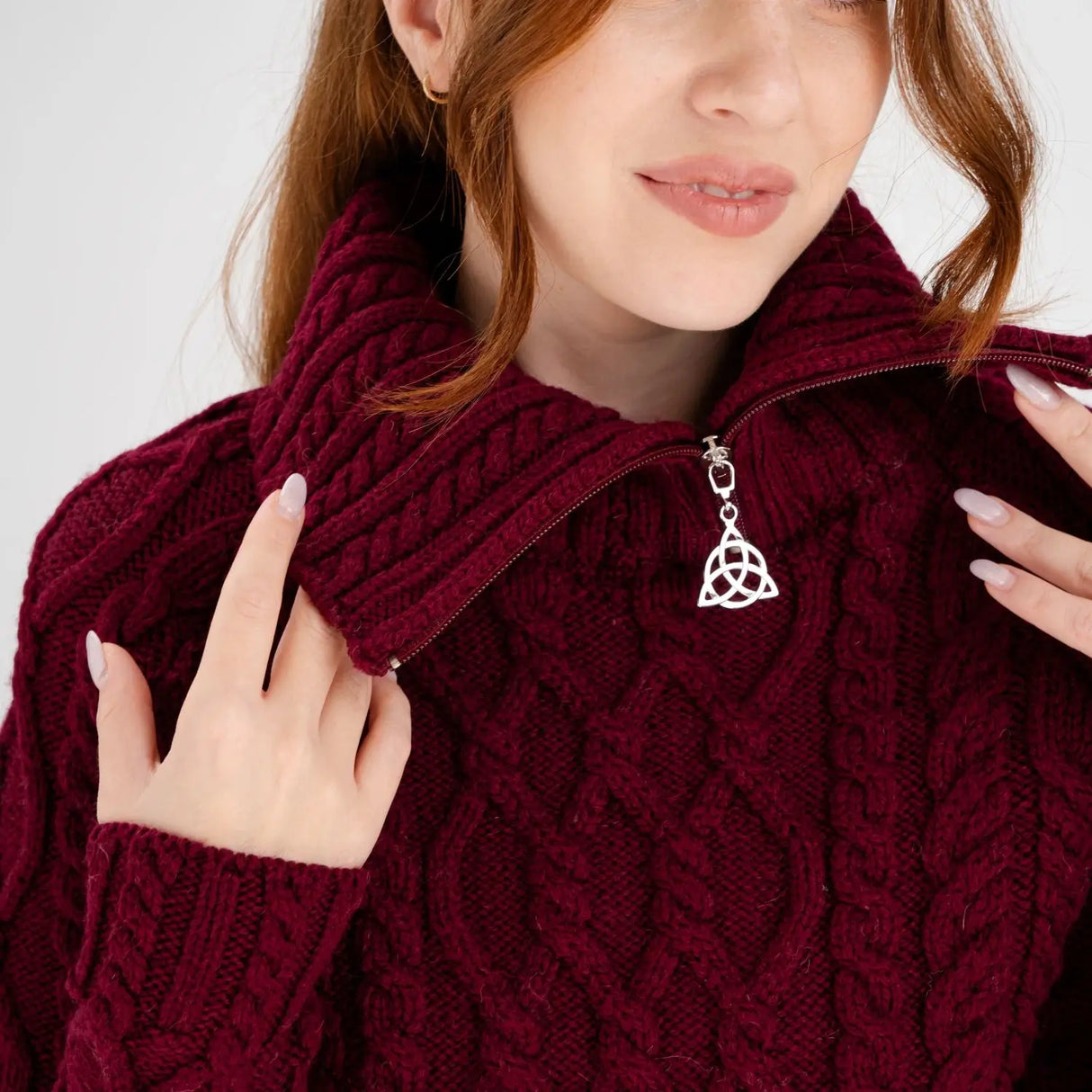 ML160-108 Women's Zipper Neck Aran Knit Sweater, Wine Close Up Creative Irish Gifts