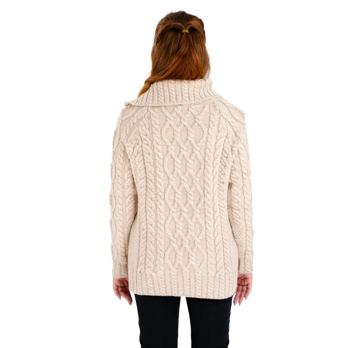 ML160-109 Women's Zipper Neck Aran Knit Sweater, Parsnip Back View Creative Irish Gifts
