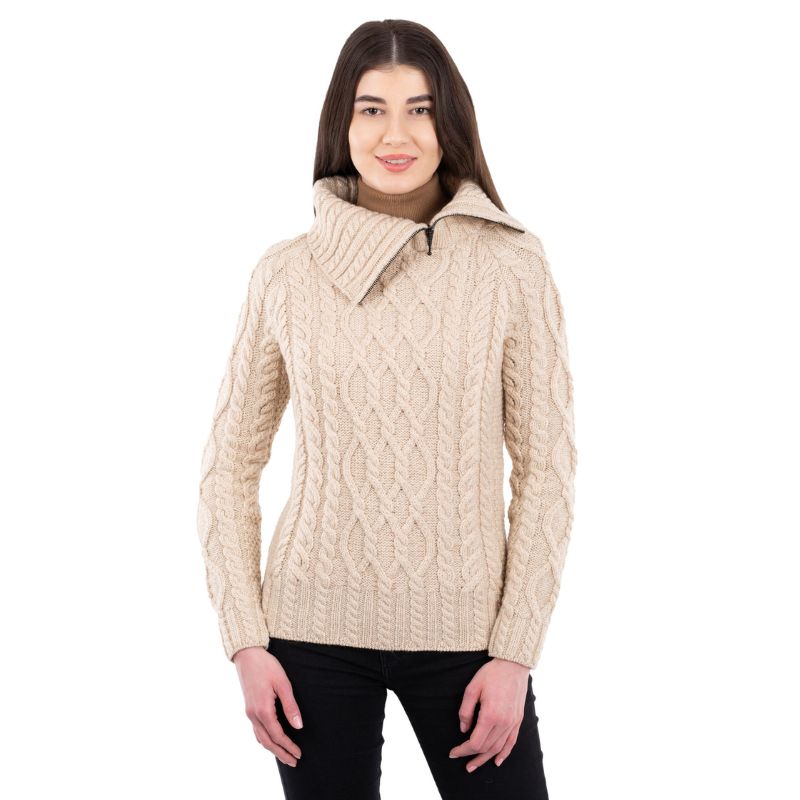 Women's Zipper Neck Aran Knit Sweater, Parsnip Creative Irish Gifts