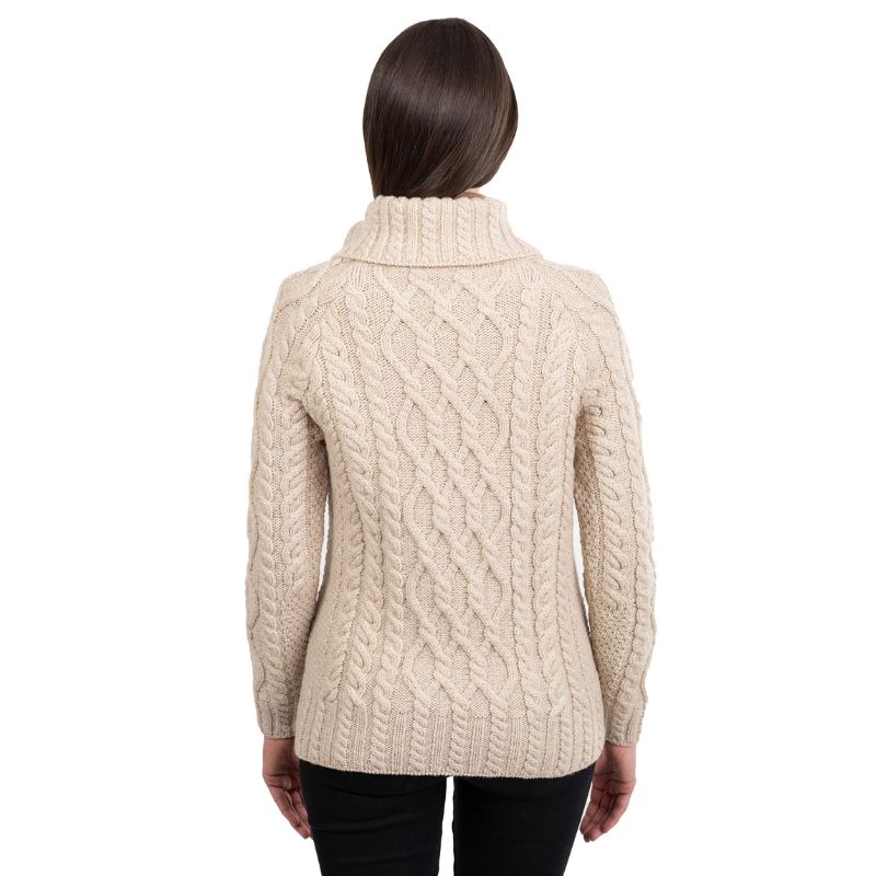 Women's Zipper Neck Aran Knit Sweater, Parsnip Back View Creative Irish Gifts