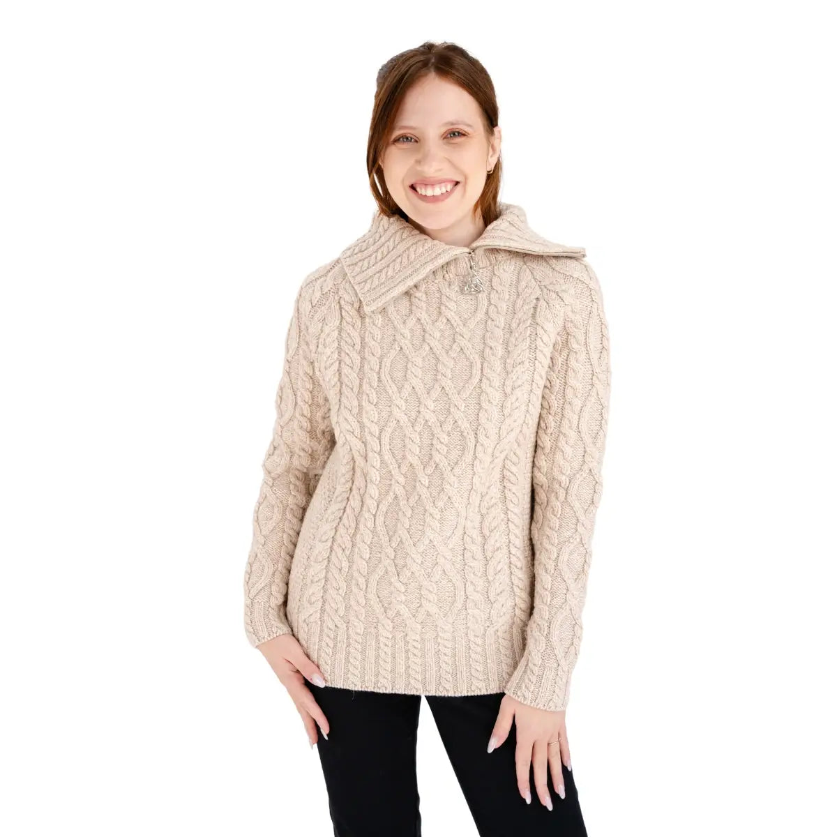 ML160-109 Women's Zipper Neck Aran Knit Sweater, Parsnip Creative Irish Gifts