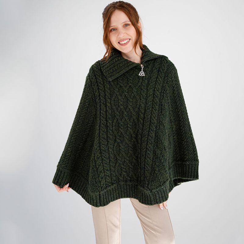Women's Cowl Neck Zipper Poncho, Green Creative Irish Gifts