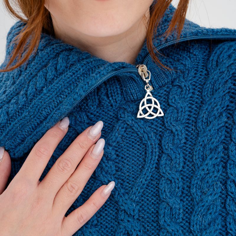 Women's Cowl Neck Zipper Poncho, Blue Front View Creative Irish Gifts
