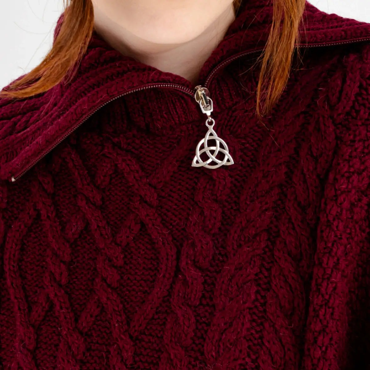 ML161-108 Women's Aran Cowl Neck Zip Poncho, Wine Close Up Creative Irish Gifts