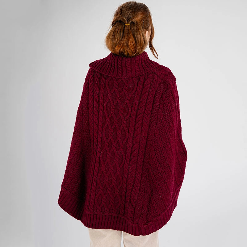 ML161-108 Women's Aran Cowl Neck Zip Poncho, Wine Back View Creative Irish Gifts