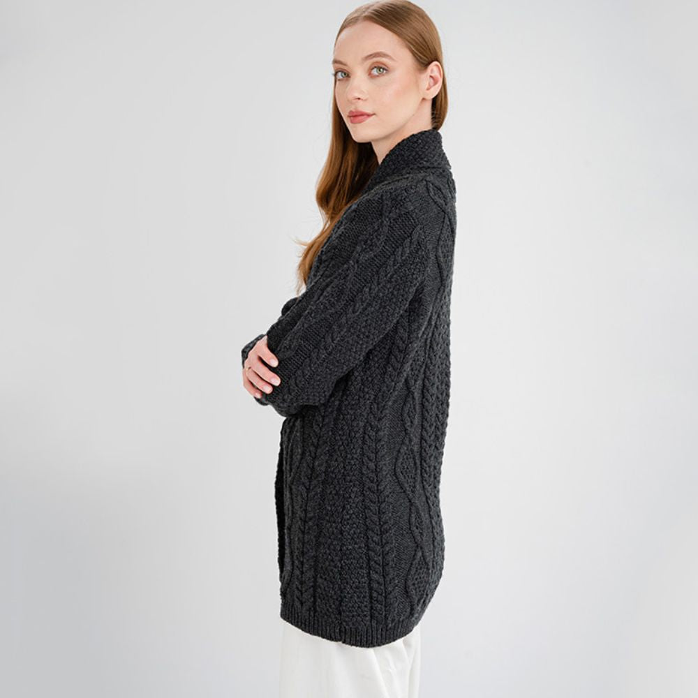 Women's Aran Knit Shawl Collar Cardigan Charcoal Side View Creative Irish Gift