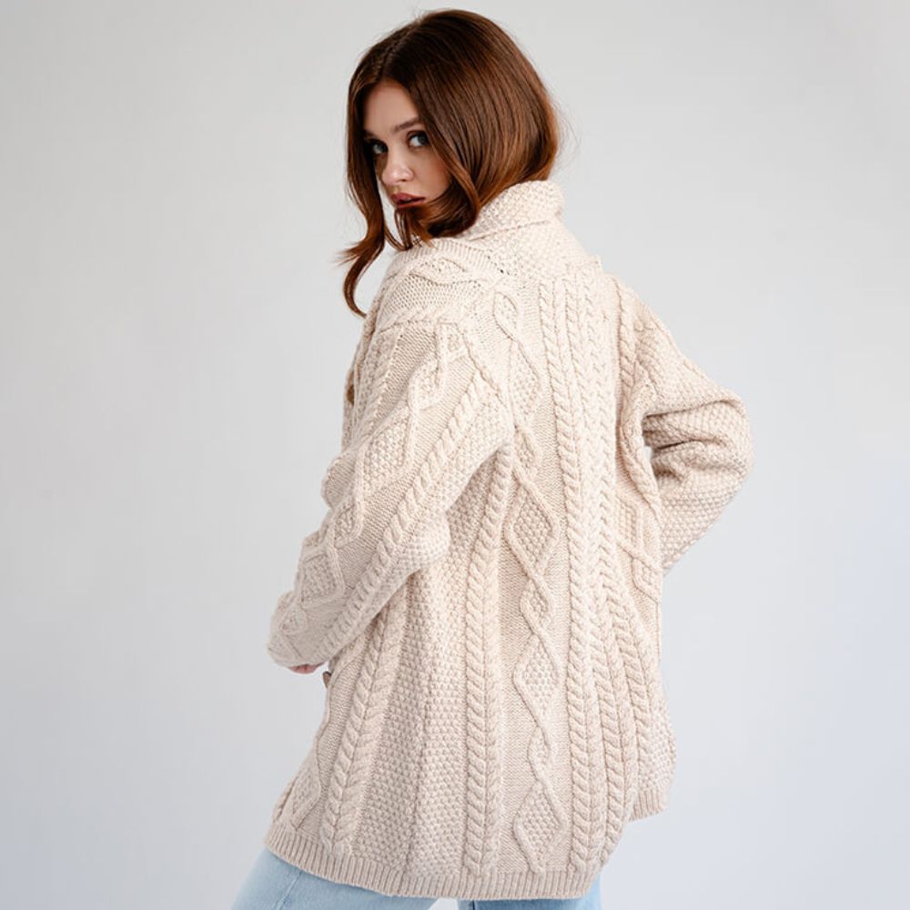 Women's Aran Knit Shawl Collar Cardigan Parsnip Studio Back View Creative Irish Gift