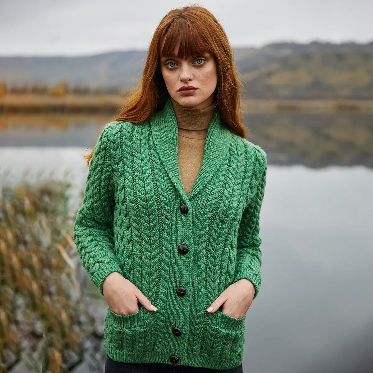 ML164-105 Women's Irish Cable Shawl Neck Cardigan, Green Creative Irish Gifts