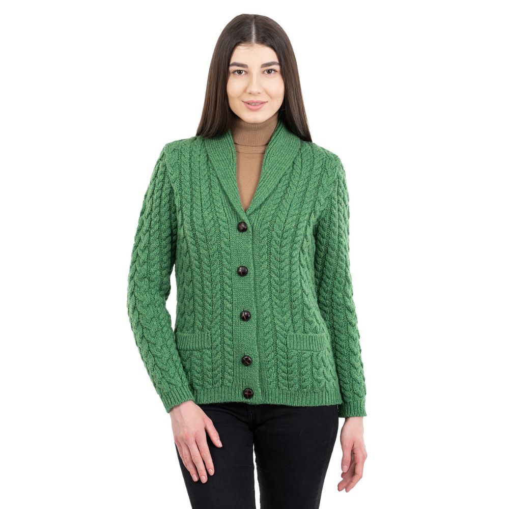 Women's Cable Knit Irish Shawl Neck Cardigan Front View Green Creative Irish Gift