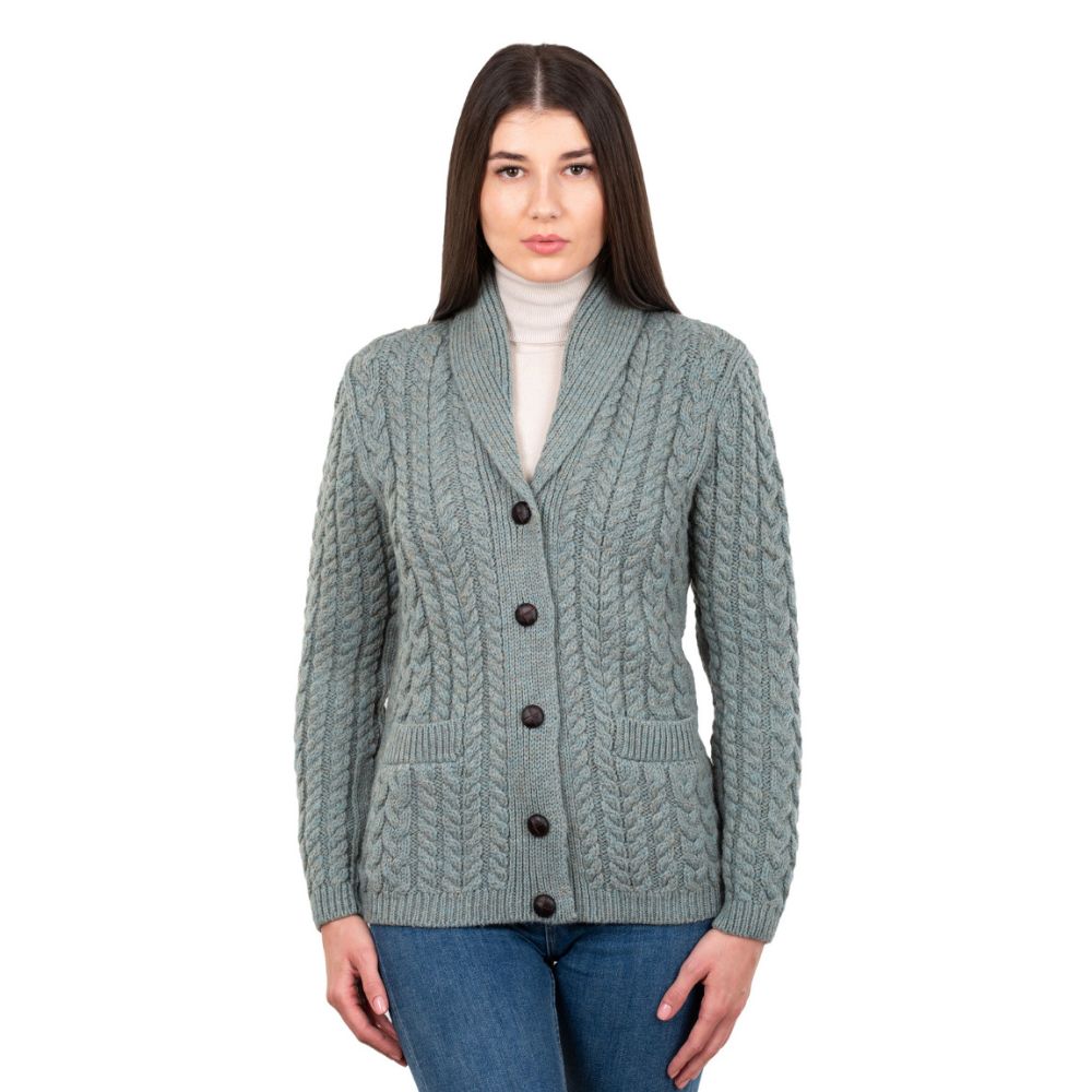 Women's Cable Knit Irish Shawl Neck Cardigan Front View Creative Irish Gift