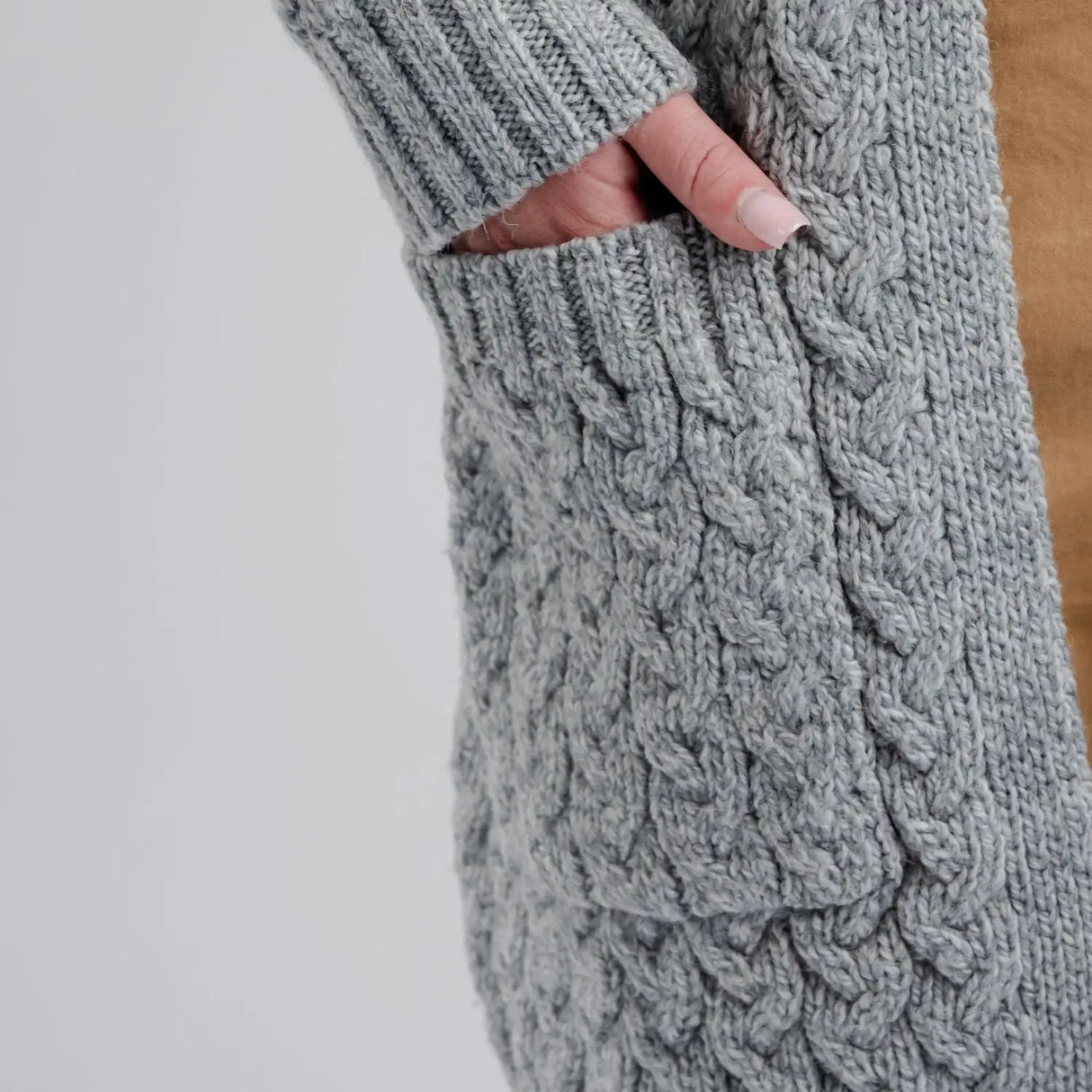 ML166-103 Women's Wool Aran Cable Long Cardigan, Grey Pocket View Creative Irish Gifts