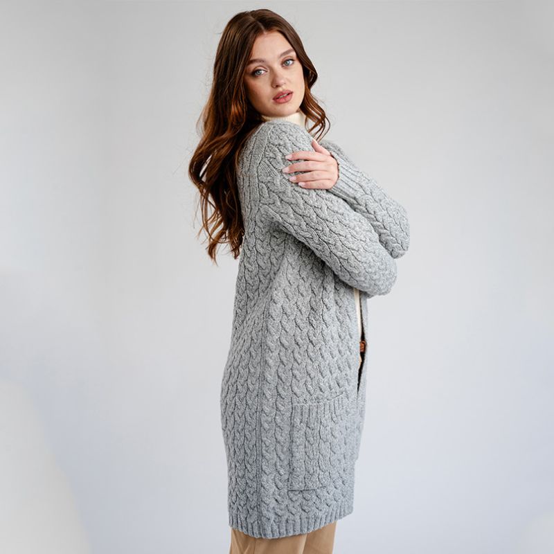 Women's Aran Knit Icon Cardigan Coat, Grey Side View Creative Irish Gifts