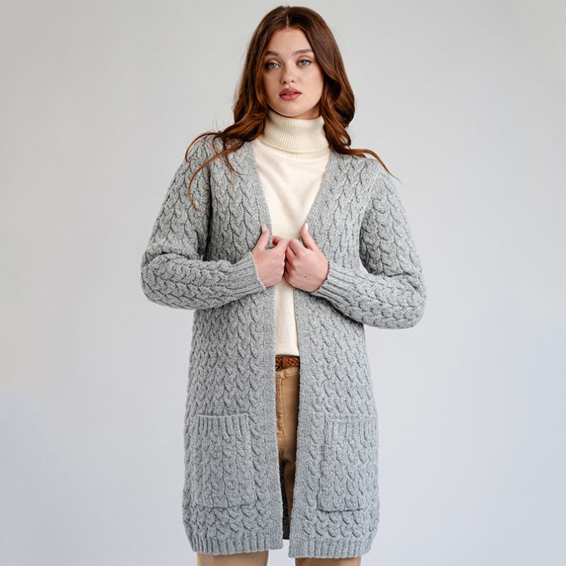 Women's Aran Knit Icon Cardigan Coat, Grey Front View Creative Irish Gifts
