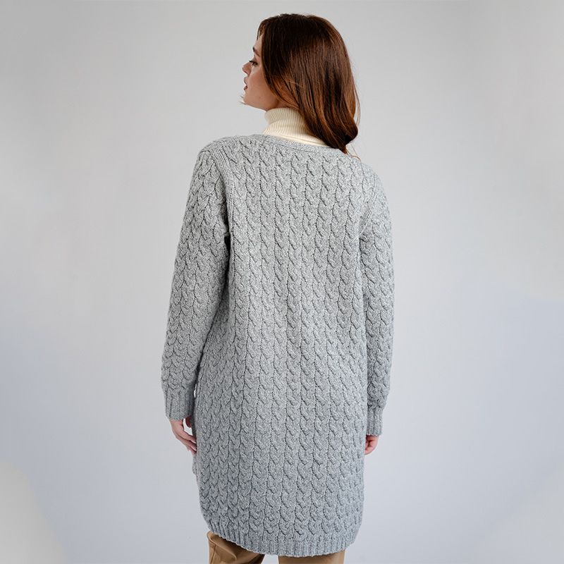 Women's Aran Knit Icon Cardigan Coat, Grey Back View Creative Irish Gifts