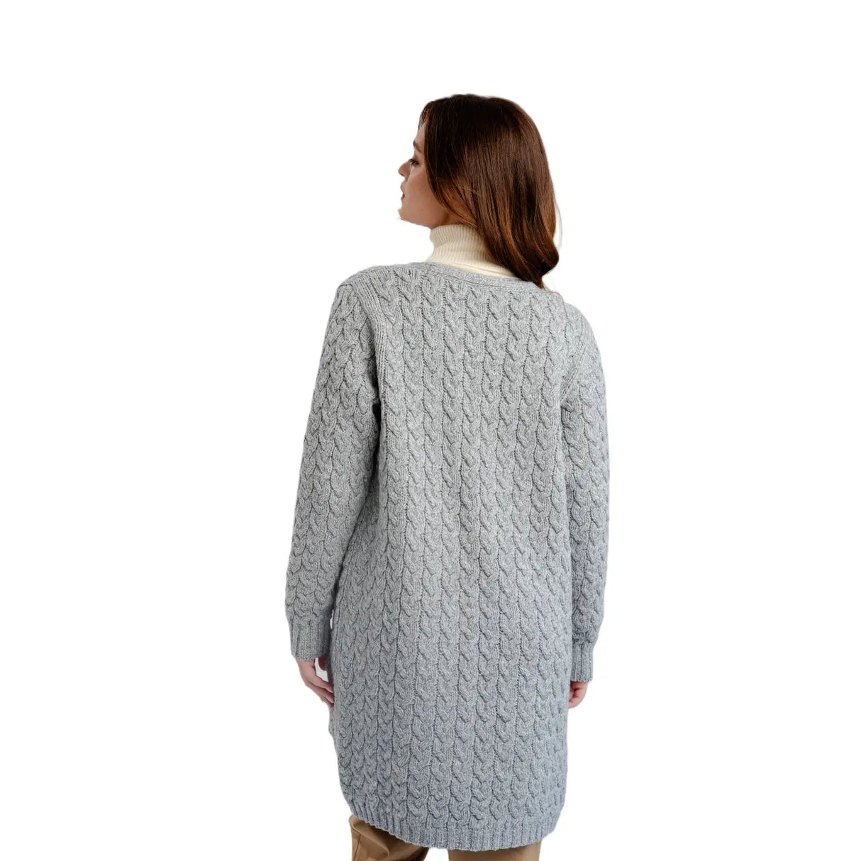 ML166-103 Women's Wool Aran Cable Long Cardigan, Grey Back View Creative Irish Gifts