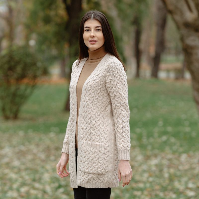 Women's Aran Knit Icon Cardigan Coat, Parsnip Lifestyle Back View Creative Irish Gifts